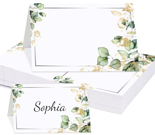 50PCS Wedding Name Cards Place Cards,Leaves Table Seating Cards,Paper Tented Wedding Name Cards,Wedding Place Cards with Silver Edge Eucalyptus Leaf Pattern for Table Setting Birthday Dinner