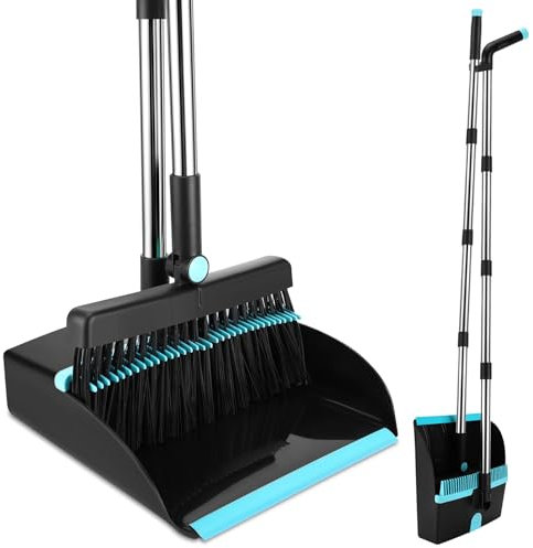 Gowkeey Besen und Kehrschaufel Set, Aufrechter Kehrmaschine und Kehrschaufel Combo, Abnehmbares Besen und Schaufel für die Haushaltsreinigung (Schwarz Blau)