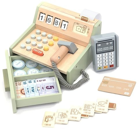 UMU® Kinder Kasse aus Holz - inkl. Zubehör (Scanner, Zahlungsterminal, Spielgeld usw.), Kaufläden & Zubehör zum Rollenspiel, Spielkasse für Kinder ab 3 4 5 6 Jahren