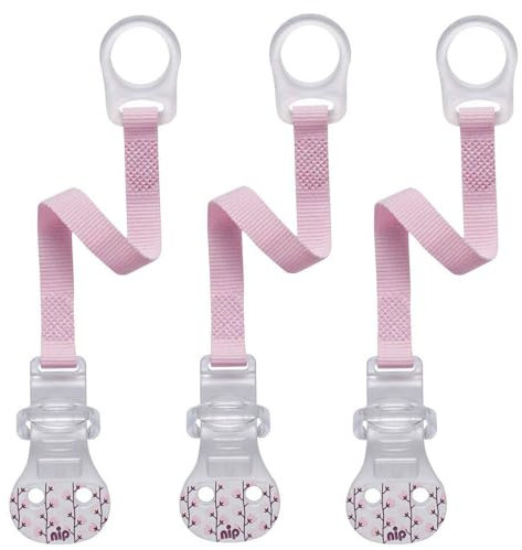 nip Schnullerband mit Ring 3-er Set Rosa Komfort-Verschluss für alle Schnuller mit und ohne Ring Befestigungsring aus flexiblem Silikon made in Germany
