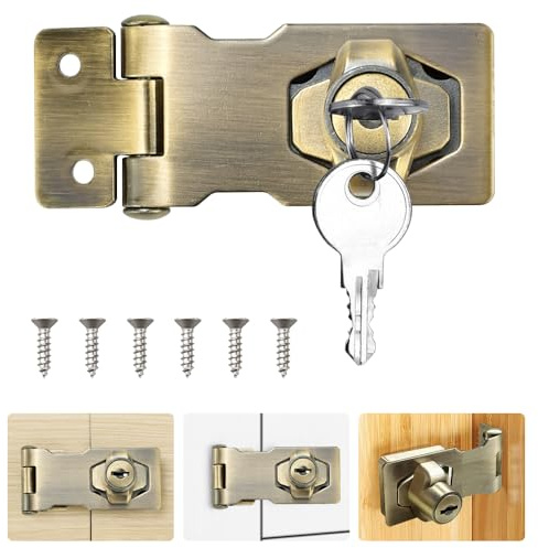 ADERTOS 2.5 Inch Keyed Hasp Lock Hasp and Staple with Padlock, Heavy Duty Shed Lock Door Lock Hasp Twist Knob Keyed Locking Hasp Safety Door Clasp Gate Lock with Key for Cabinets Gate -Vintage Bronze