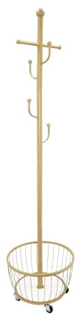 Qussse Porte-manteau d'entrée avec panier de rangement - Porte-manteau debout avec roue mobile - Pour chambre à coucher, buanderie, hall d'entrée, doré