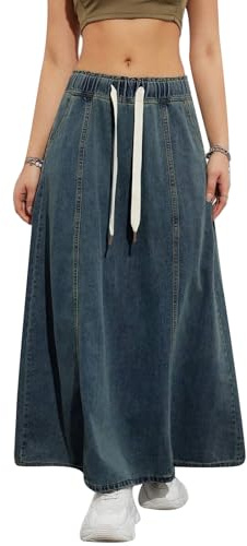 Dubute Gonna da Donna in Denim Casual con Volant, Cintura con Fiocco, Linea A, Svasata, Lunga, Gonna in Jeans Elastica con Cordoncino e Tasche, Blu scuro, L