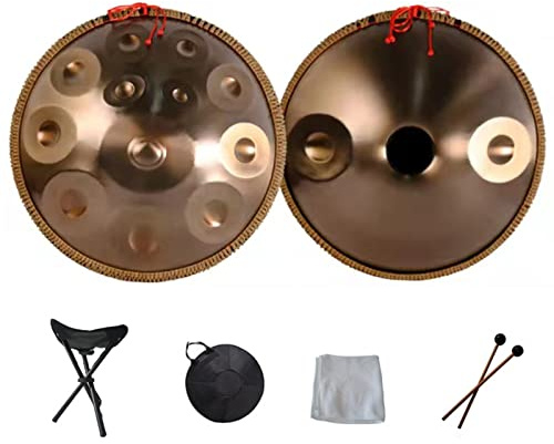 Generic Handpan-Trommel 9 10 12 14 Noten aus Karbonstahl mit Tasche, Schlägeln, Ständer und Staubtuch für Meditation, Yoga, Zen - Professionelles Percussion-Instrument in Bronze