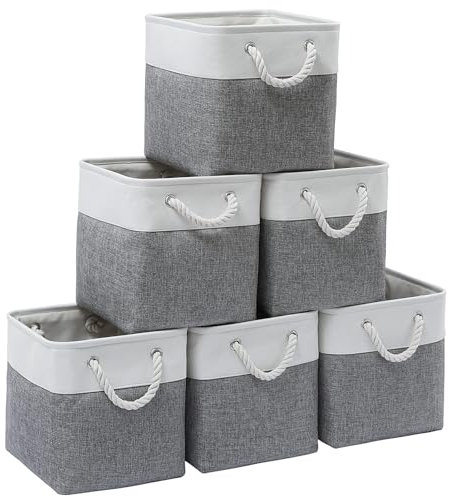 ICEMOR 28 x 28 x 28 cm Cube Storage Bins, 6 Pack Large Collapsible Fabric Storage Bin with Ropes, Foldable Storage Cubes for Home, Office,Closet, Clothes, Toys Organizer (White & Grey )