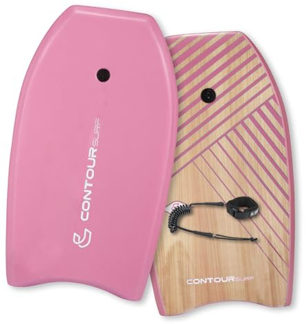 CONTOUR SURF Reed Body Board 33 Inches Bodyboard Body Boards for Beach Kids Lightweight EPS Core Dual Channel Double Swivel Coiled Wrist Leash for All Surfing Levels (Magenta)
