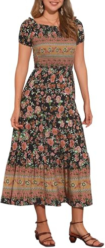 Allegra K Abito Floreale Boho per Abito Smock Midi con Scollo Quadrato da Donna Nero M