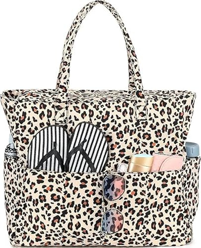 FASBET Grande borsa da spiaggia XXL con chiusura lampo, leopardo borsa da bagno, grande borsa da spiaggia, impermeabile, per famiglia, extra grande, motivo leopardato, leopardo, L