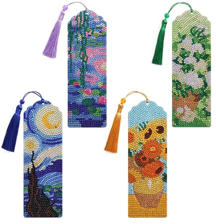 icceemee 4 pcs Oil Painting Themes Diamond Painting Bookmarks, DIY Diamond Art Kits for Adults, Book Corner - Protecting Bookmark Craft Supplies Kits for Book Lovers