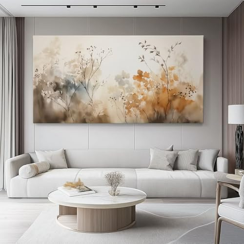 Cuadro sobre Lienzo Flores Tinta Elegante Parte Moderno Cuadro Lienzo no Tejido para 90l x45an cm Art de la Lona Arte de Pared Listo para Colgar con Sala Comedor Beige Naranja-Marrón