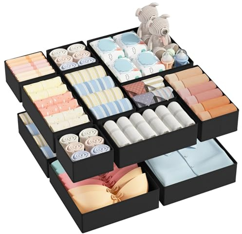 DIMJ Organizer per Cassetti Organizer per Armadio, Divisori per Cassetti Separatori per Cassetti Organizzatore Cassetti, per Calze, Biancheria Intima, 12 Pezzi, Nero