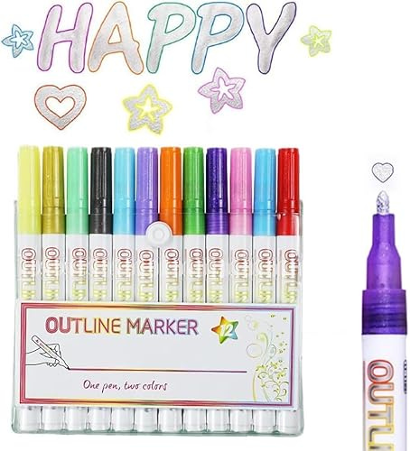 2-in-1 Schimmernde Dual-Line Stifte 2026, Metallic Outline Marker Set, Schimmernde Dual-Line Stifte, Metallic Glitzer Marker mit Konturen-Effekt, Permanent Paint Marker für DIY, Basteln (12)