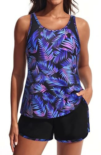 Hanna Nikole Modest Swimwear Women,Sport Tankini Sets,Swimming Costume Tummy Control,Two Piece Swimsuit,Adjustable Tankini Top with Built in Bottom Swim Shorts Bathing Suit with Pockets
