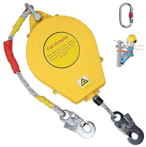 Dispositivo Anticaduta Retrattile Certificato, 3-20m Dispositivo Retrattile di Sicurezza Anticaduta con Gancio Girevole a 360°, Dispositivo Anticaduta Tetto per Tetto e Lavoro Aereo(Giallo,10m)