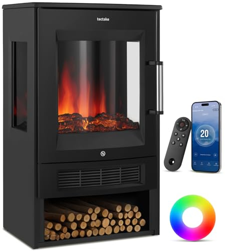 tectake® Elektrokamin mit 2 Heizstufen 900W/1800W, elektrischer Kamin mit 3D-Flammeneffekt Kaminfeuer in 8 Farben, Kamin mit Fernbedienung und Tuya-App-Steuerung, Timer, Elektro Kamin, schwarz