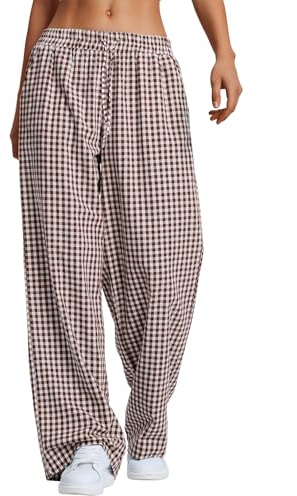 Rapbin Pantalon de pyjama rayé vichy décontracté d'été 2026 jambe large pantalon de pyjama Y2k avec poche, Carreaux café., M