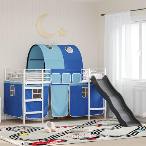 YunCangg Golvsäng för barn, metall, vit, blå, 107 x 200 cm med sänggavel och gardiner, stabil våningssäng med plattformsribbotten och mjuk rutschkana för barnrum och leknöje