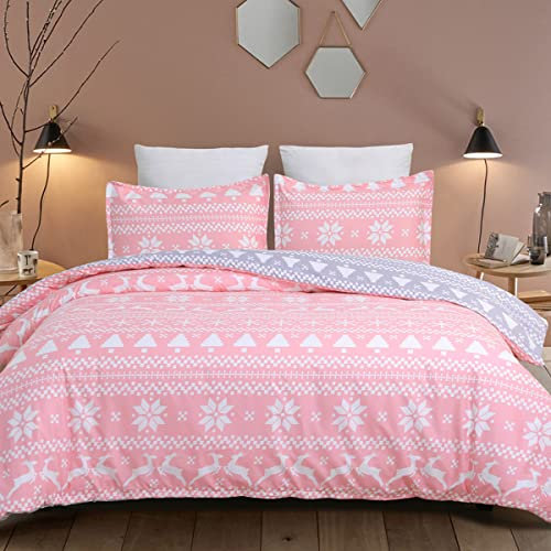 YEPINS Set copripiumino in morbida microfibra, per decorazioni natalizie, design reversibile con fiocchi di neve, renna, rosa e grigio, set copripiumino per letto matrimoniale