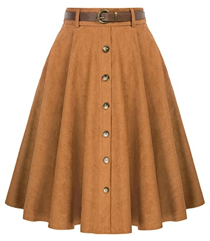 Womens Casual Midi Skirt with Pockets Winter Corduroy High Waisted Knee Length Belt Skirts Dark Brown