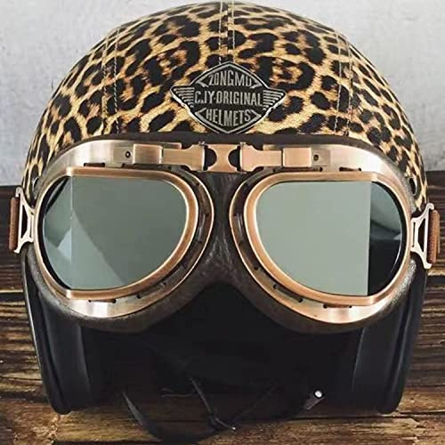 Sexy Léopard Motif Adulte Rétro Moto Demi Casque Dot Approuvé Hommes Femmes Vintage Moto Open Face Casque Cap Demi Coque Casque + Lunettes pour Vélo Cruiser