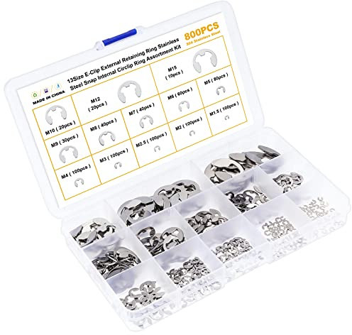 HSEAMALL Kit de anillo de seguridad E-Clip de acero inoxidable, 13 tamaños anillo de seguridad externo Anillo de apertura interna (plata-800PCS)