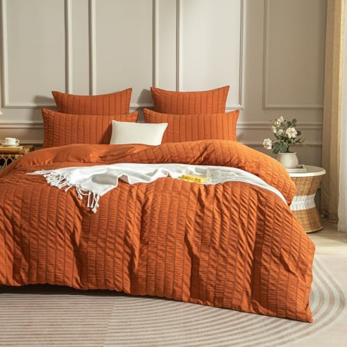 Luowei Biancheria da letto estiva in seersucker, 135 x 200 cm, motivo a strisce, 2 pezzi, con federa da 80 x 80 cm, leggera, morbida, traspirante, Oeko-TEX, colore arancione con chiusura lampo