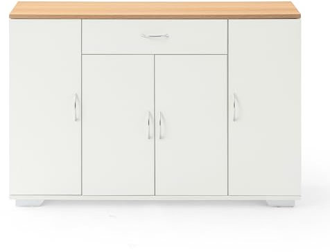 Liink1Ga Komodenschrank für Schlafzimmer 110cm Breit Kommode Eiche&Weiß mit Schubladen&Türen, Nachtkasten Schubladenkommode Kommode & Sideboard Weiss für Büro Wohnzimmer Schlafzimmer Flur/110x30x73CM
