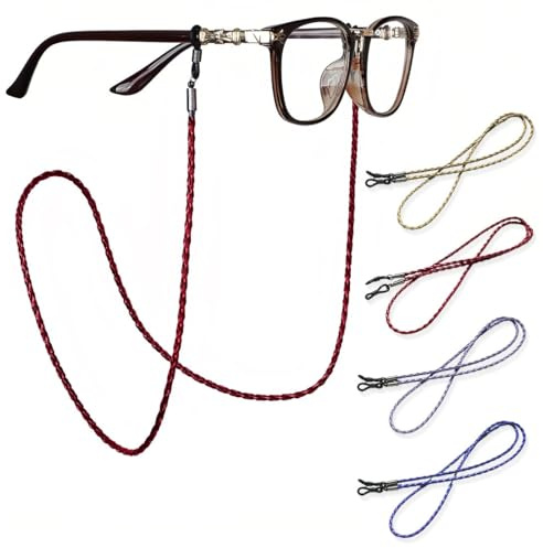 4 Pièces Cordon Lunettes, Cordon de Lunettes Tressé, Cordon Lunettes Femme, Lunettes Chaîne Lanière, Attache Lunette, Cordons à Lunettes, pour Femmes Hommes (Violet + Rouge Foncé + Kaki + Bleu Foncé)