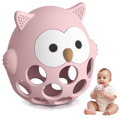 Eulenform Beißring Spielzeug für Baby, Silikon Beißspielzeug für Autistische Kinder, Zahnungshilfe Spielzeug für Neugeborene Babys 3 6 12 18 Monate Jungen Mädchen Ostern Baby Dusche Geschenke, Rosa