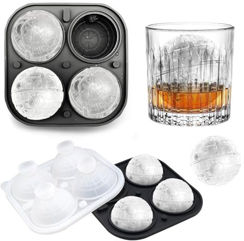 Molde Para Hielo Esferas Y Cubos Grandes, 4.3x 6.5cm Cubitera de Silicona con Forma de Estrella de la Muerte Redonda, Cubiteras para Hielo Grande Molde, para Dulces Pudín, Gelatina, Zumo, Whisky