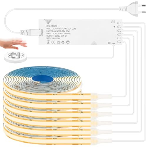 HOTUT Ruban LED COB 1 m – Lot de 6 bandes LED 12 V blanc chaud (montage parallèle) – Variateur tactile et à balayage – Découpable – Éclairage pour armoire, vitrine, panneaux acoustiques