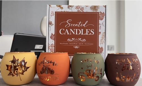 Lanpn Fall Scented Candles Gift Set, 4 Pack Thanksgiving Aromatherapy Candle, Plated Glass Jar Candles for Woman Man, Autumn Pumpkin Fragrance Home Table Farmhouse Decoration, Tabletop Centerpiece