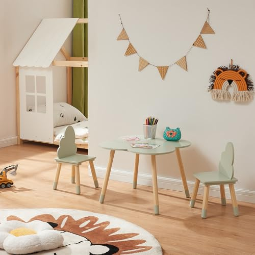 [en.casa] Children's table with 2 chairs Epim kids chairs with backrest children's seating group cloud design painting table wood mint green