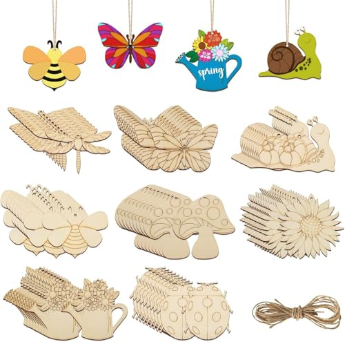 Yohuork 40 Pcs Pendentifs en Bois à Peindre, Animaux en Bois avec Trou et Ficelle, Kits Bricolage Faune Bois Activité Manuelle Enfant pour Travaux Manuels, Décoration de la Maison