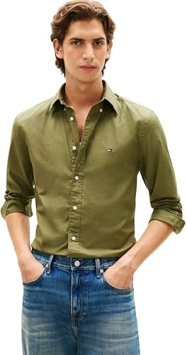 Tommy Hilfiger Uomo Camicia Flex Poplin Solid Regular Fit, Verde (Dark Artichoke), L