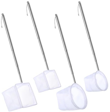 Lot de 4 filets à crevettes d'aquarium avec poignée extensible en acier inoxydable doux et long manche long avec épuisette d'aquarium pour attraper les petits poissons et crevettes ronds carrés