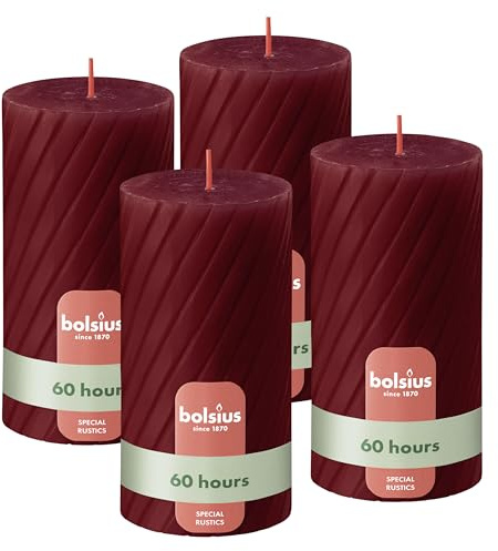 Bolsius Rustic Pillar Candles – Acanaladas – Rojo – Set de 4 – 13 cm – Velas Decorativas para el Hogar – Hechas con Cera Natural de Origen Vegetal – Sin Aceite de Palma