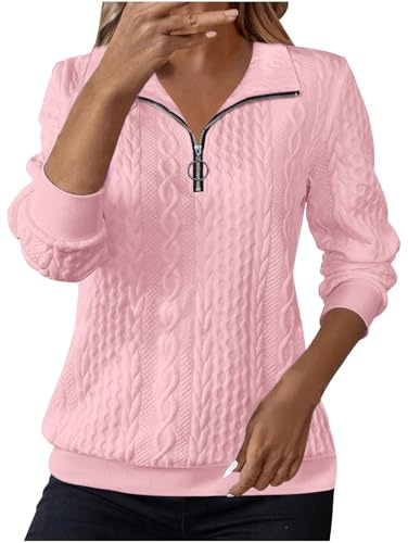 Oversized Hoodie Women Women's Jumpers for Women UK Sweatshirts Lapel Half Zip Pullover Knit Cable Ladies Sweatshirt Long Sleeve Tops Fall Winter Sweaters Warm Hoodies Outfit Clothing Pink XXL