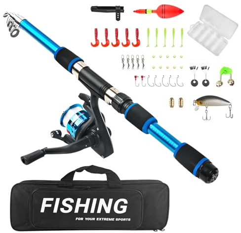 Canna da pesca per bambini, 1,8 m, telescopica, per bambini, con canna da pesca, set di accessori per esche da pesca, borsa per il trasporto, per principianti in acqua dolce(blu)