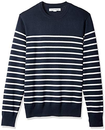 Amazon Essentials Pull à Col Rond et Manches Longues, 100% Coton (Disponible en Grandes Tailles et Grandes Longueurs) Homme, Bleu Marine Foncé Blanc Rayures, L