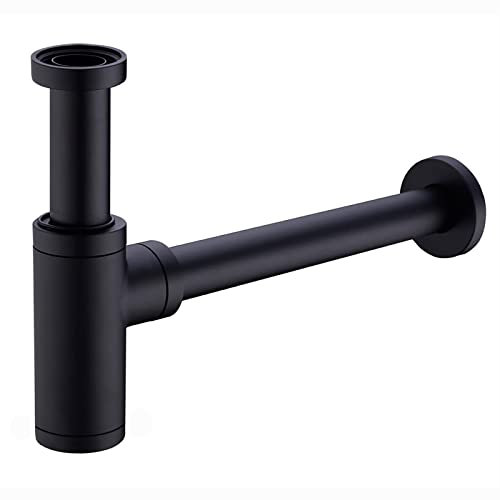Keymark Design Siphon [Extra Lang 200mm Tauchrohr], Universal Messing Designsiphon Syphon Sifon für Waschbecken & Waschtisch, Geruchverschluss 1 1/4 x 32mm, Abflussgarnitur Passgenau, Schwarz Matt