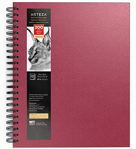 Arteza Skizzenbuch mit Spiralbindung, 22.9x30.5 cm, Skizzenblock in Rosa, 200 Seiten, 68 lb/100 GSM, Hardcover-Sketchbook, für Bleistifte, Kohle, Kugelschreiber, Wachsmalstifte &andere trockene Medien