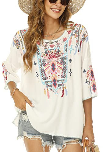 Vakakado Boho Stickerei Bluse Hippie Kleidung Damen 70er 80er Jahre Bekleidung Bohemian Folklore Besticktes Tunika 3/4Ärmel elegant Oberteile, Weiß-3XL