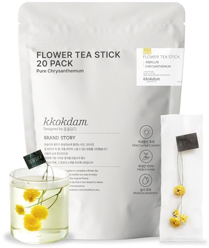 KKOKDAM Chrysanthemum Flower Tea Sticks, 20 Count - 100% Natural Edible Blooming Floral Tea, Individually Wrapped in Bulk Pouch, Caffeine-Free Herbal Tea Gifts