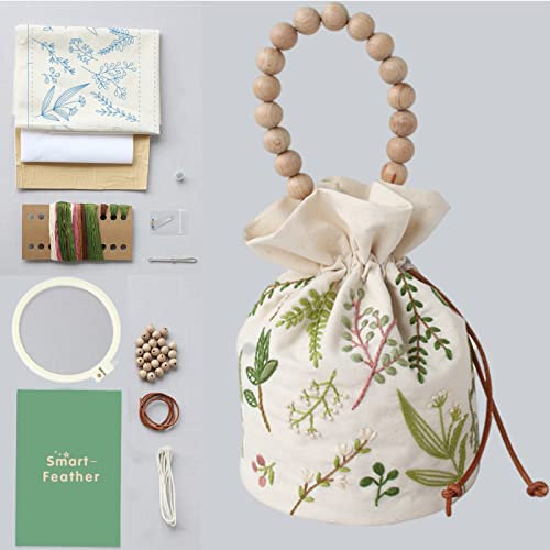 Smart-Feather Stickerei Kordel Tasche Kits mit Mustern, Needlepoint Sewing Handtasche Kit für Anfänger, Stickerei Start Kit mit Hoop (A)