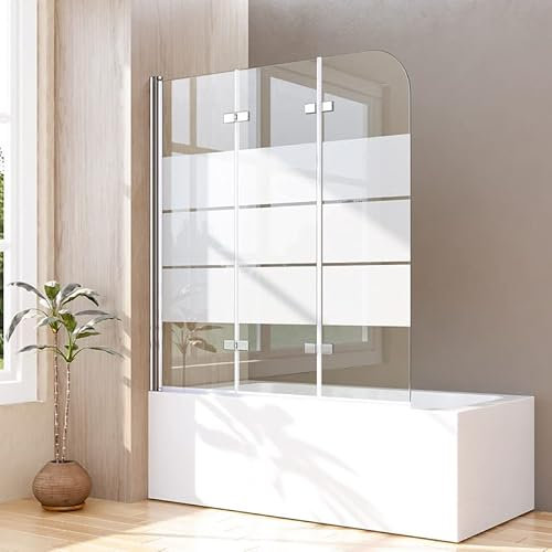 Duschwand für Badewanne Gestreift 120x140cm 3-teilig Faltbar Badewannenaufsatz, Glas Duschtrennwand Silber Duschabtrennung aus 6mm ESG Sicherheitsglas, Dreifaltigkeitstür Duschwand