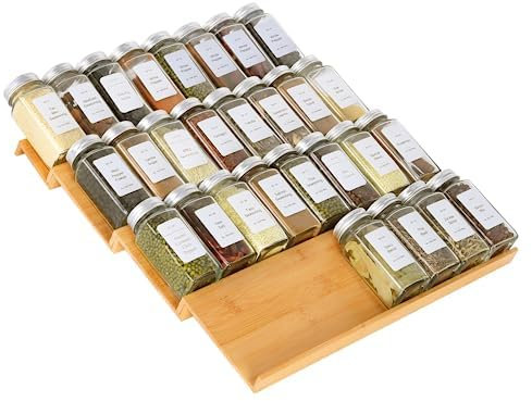 KitHero Spice Drawer Organzier,4 Tiers Bamboo Spice Rack Tray Insert for Cabinet Drawer Countertop, Kitchen Seasoning Storage Drawer Organization,14.57 Wide x 15.8 Deep （Hold UP To 32 Jars