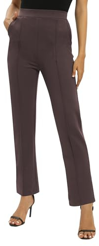 EXCHIC Donne Ufficio Casual Elastico Alta Vita Gamba Dritta Pantaloni con Tasche(XL, Marrone)