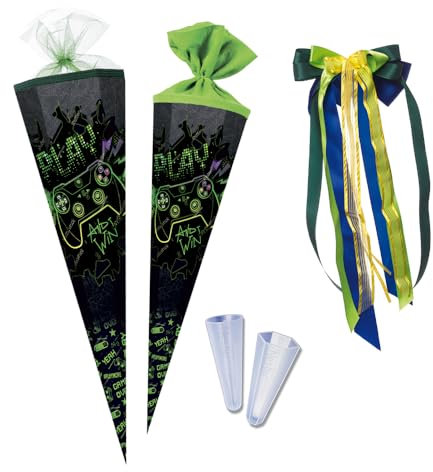 Nestler Schultüte zum Befüllen, Handgemachte Zuckertüte aus Karton - Motiv Play & Win (85 cm 6-eckig)