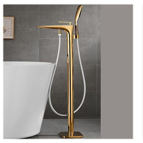 WRJAHCG Rotatorio Caño Grifo De Pie para Bañera Exenta Teleducha Monomando,Universal Caliente O Frío Latón Grifo Suelo Bañera Exenta,Oro